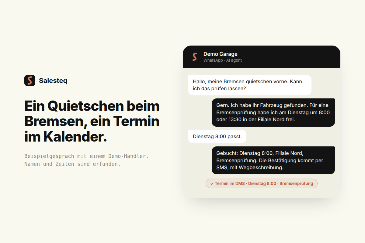 Salesteq Service Agent bucht auf WhatsApp einen Werkstatttermin für eine Bremsenprüfung direkt im DMS