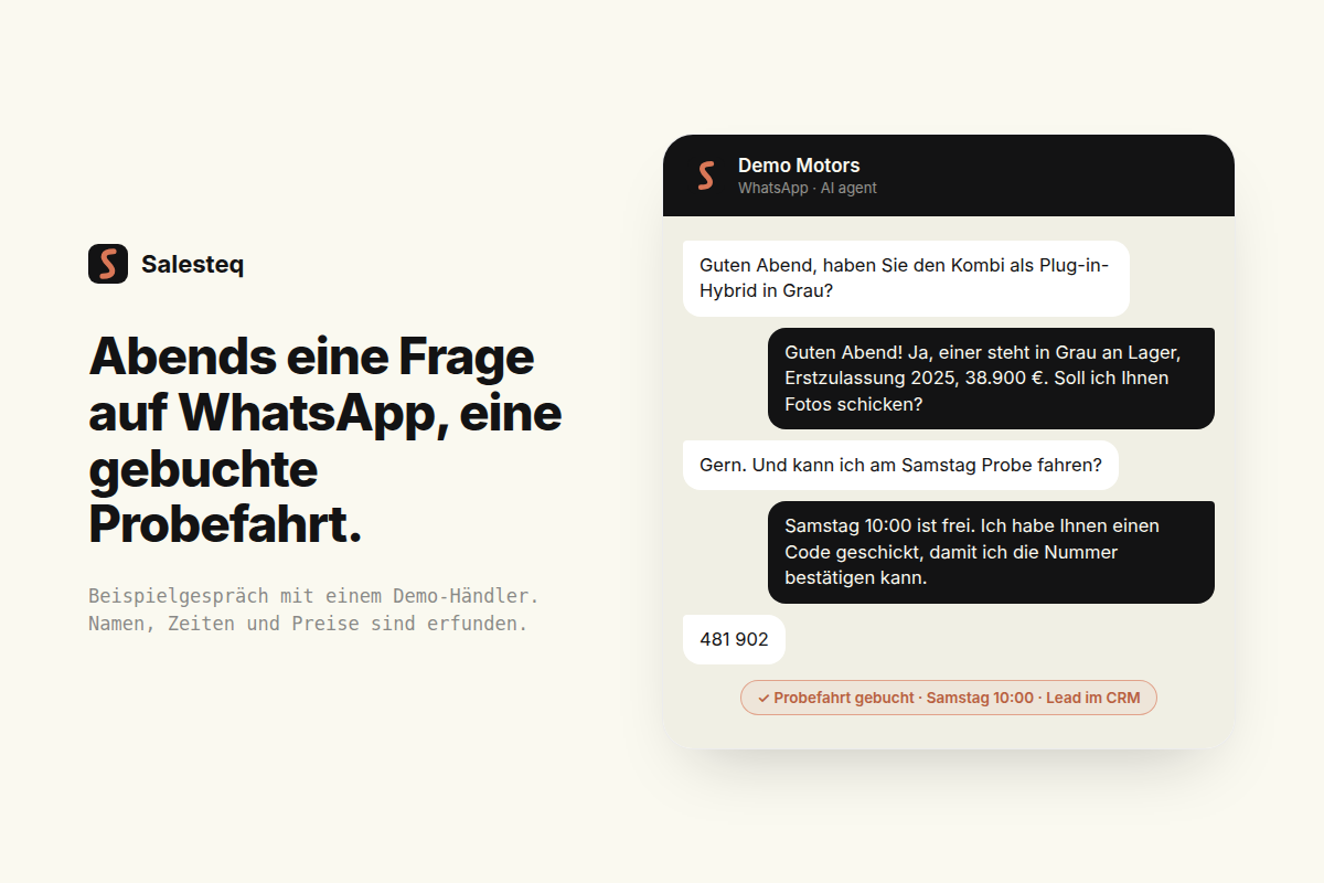 Salesteq KI-Agent beantwortet auf WhatsApp eine Fahrzeuganfrage aus dem Bestand und bucht eine Probefahrt