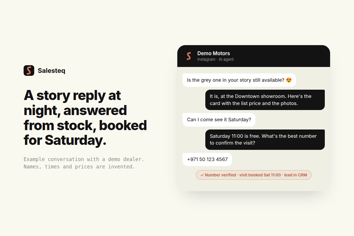 Salesteq AI agent answering an Instagram direct message from a car buyer and booking a showroom visit