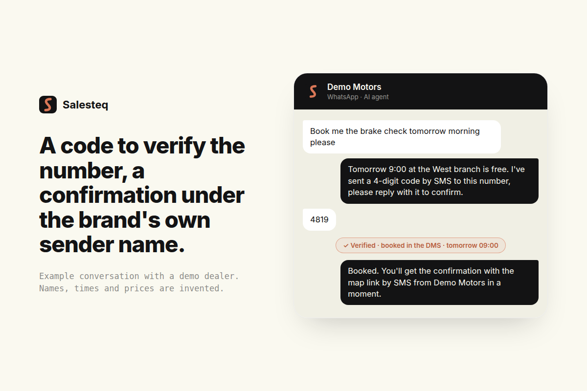 Salesteq AI agent verifying a customer's phone number with an SMS one-time code and confirming a service booking by SMS under the dealer's sender name