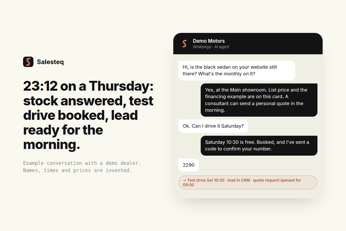Salesteq AI agent answering a late-night WhatsApp enquiry from a car buyer, booking a test drive and leaving a lead for the sales team