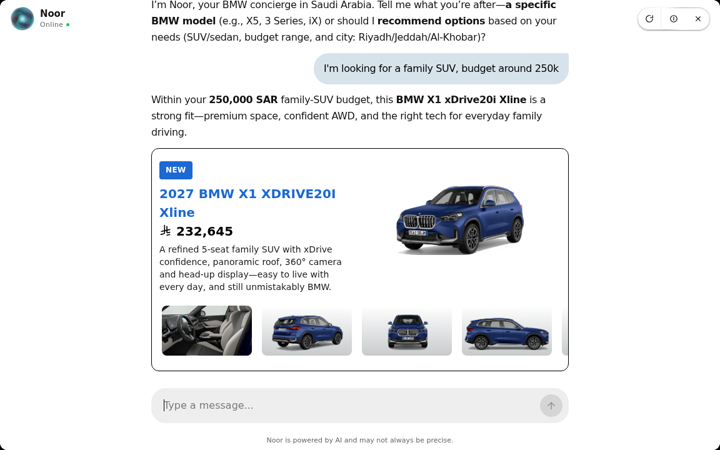 The Salesteq agent answering a live inventory question with a real vehicle card